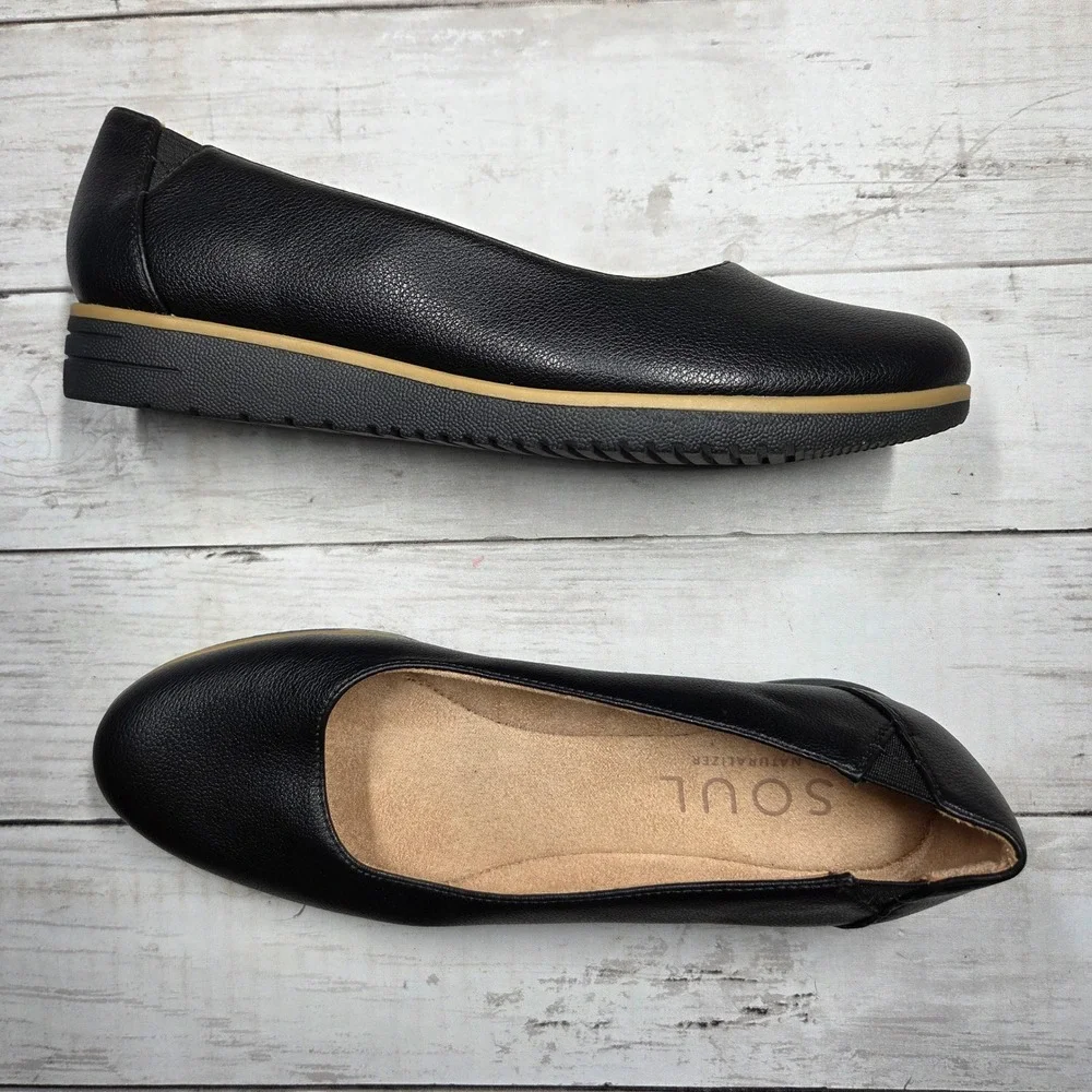 Soul Naturalizer Idea Ballet Flats Women 8M Black Low Wedge Comfort Slip On Shoe